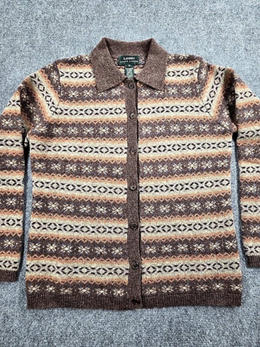 Vintage Lauren Ralph Lauren Fair Isle Lambswool Size Small Cardigan Sweater EUC